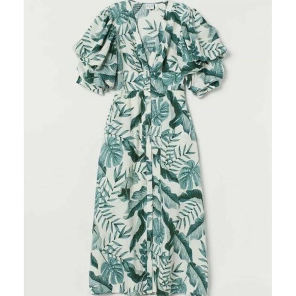 JOHANNA ORTIZ H&M COLLABORATION GREEN LEAF PRINT LINEN DRESS SIZE LARGE - Picture 6 of 10